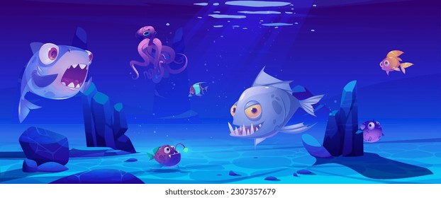 Sea underwater cartoon vector scene with fish. Deep under water illustration with light and swimming goldfish, octopus, shark, piranha and angler. Sunlight refraction on clean seafloor with bubble.