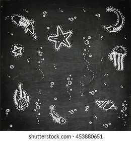 Sea underwater creatures. Hand drawn vector stock illustration. Chalk board drawing.