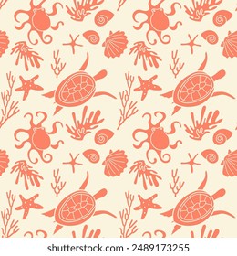 Sea Underwater doodle illustration seamless pattern. Turtle, clams, corals, octopus and starfish. Wildlife motif, exotic print. Vector