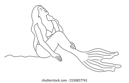 Sea underwater fantasy creature with tail and long hair. Hand drawn vector illustration. Black and white.