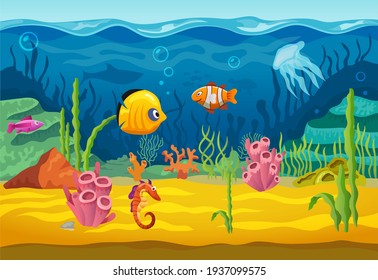 Sea Underwater Fishes, Cartoon Aquarium Background