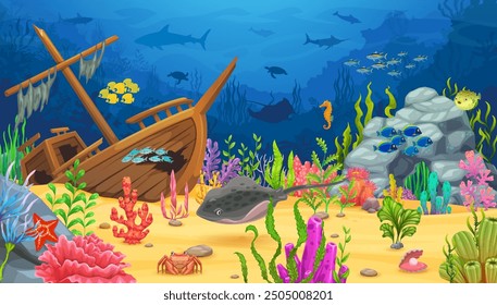 Paisaje de juego submarino marino con barco hundido y raya. Océano de dibujos animados bajo el agua animales y peces en fondo marino Vector de fondo con tiburones, corales, cangrejo y algas marinas, estrellas de mar y caballito de mar