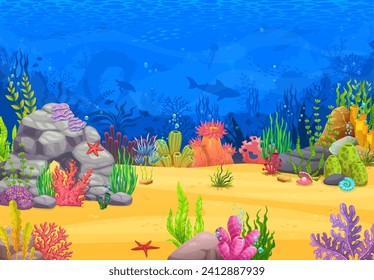 Sea underwater landscape. Game level with fish shoals, seaweed and silhouettes of animals. Ocean under water world vector background with shark, turtle and dolphins, corals, starfish, shells on bottom