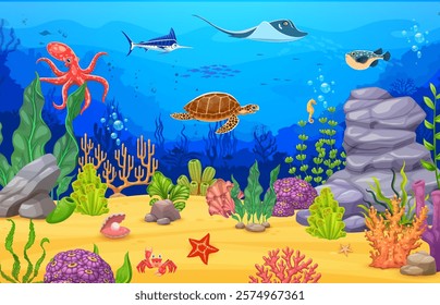 Sea underwater landscape with ocean animals and fishes, vector cartoon background. Undersea landscape with funny octopus, turtle and fugu fish with marlin and stingray in coral reef seaweeds