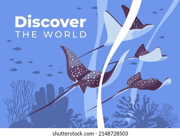 Sea underwater landscape with stingrays, silhouettes of coral fish, algae and coral. Coral reef. Poster ideas for living, environmental protection. Flat vector illustration.