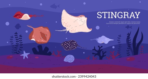 Sea underwater landscape with various stingrays fishes, algae and corals. Cartoon underwater sea animals. Vector illustration of exotic marine fauna and flora, wildlife nature