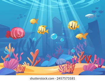 Sea underwater landscape vector flat illustration. Cartoon corals, algae seaweeds, seashell and pebbles on sand bottom. Exotic tropical beautiful fishes, marine animal. Ocean flora and fauna wildlife