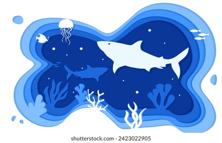 sea underwater layered vector illustration. sea life water in paper cut out style template.
