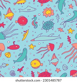 Sea underwater life abstract seamless pattern. Cute ocean animals for children vector images on blue background. Hand-drawn cartoon icons
