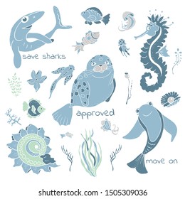 Sea underwater life animals clipart set, vector