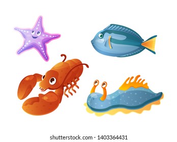 Sea underwater life. Aquarium cartoon lobster, bright sea slug, starfish, fish ocean sea animals for games. lobster, bright sea slug, starfish, fish animals isolated vector illustration