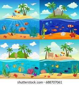 Sea underwater life backgrounds set with fishes seahorse jellyfish starfish shells crab seaweed on tropical island landscape vector illustration