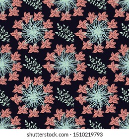 Sea underwater life seamless pattern on dark background, vector