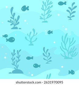 Sea, underwater, marine seamless pattern, background with seaweed and fishes silhouettes. Simple cartoon style vector drawing, illustration