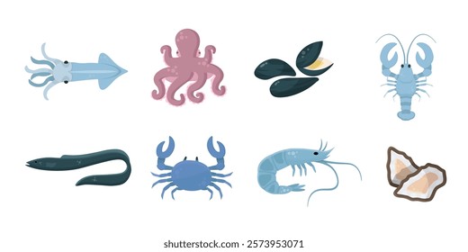 Sea underwater nature. Ocean wildlife elements. Cartoon vector illustrations set. Squid, octopus, mussels, lobster, crab, shrimp, eel, oysters.