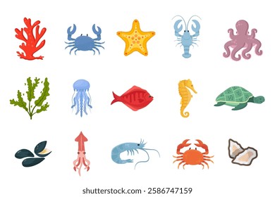 Sea underwater nature. Ocean wildlife elements. Coral, starfish, seaweed. Tropical aquatic animals and plants. Medusa, sea horse and squid. Fish turtle and crab. Cartoon vector illustrations set.