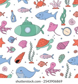 Sea, underwater, ocean life doodles seamless pattern for nursery prints, scrapbooking, stationery, wallpaper, wrapping paper, backgrounds, packaging, textile, apparel decor, etc. EPS 10