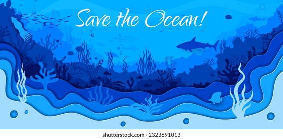 Sea underwater paper cut landscape with seaweeds and shark silhouettes. Stunning 3d vector visual display of diverse world beneath the oceans surface. Save the ocean and beauty of marine life banner