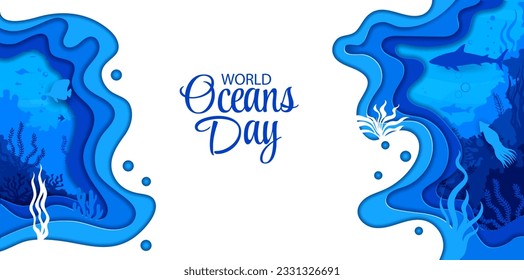 Sea underwater paper cut landscape with seaweeds and animal silhouettes. World oceans day 3d vector banner with mesmerizing papercut scene filled with depth, movement, plants and underwater beauty