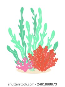 Sea underwater set of blue green seaweed algae and pink orange corals, marine design element, isolated on white background.