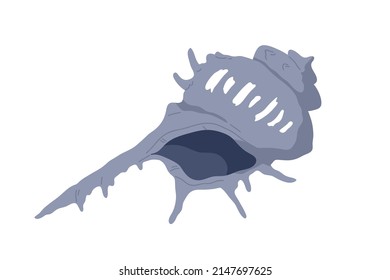 Sea underwater shell with spikes. Seashell, undersea mollusc. Twisted spiral conch, shellfish. Ocean clam with thorns, spines. Marine mollusk. Flat vector illustration isolated on white background