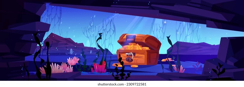 El fondo del vector de la caricatura del tesoro pirata hundido bajo el agua del mar. Océano bajo el agua paisaje de aventura marina con una caja de madera escondida de moneda de oro. Diseño acuático antiguo de juegos de fantasía