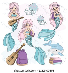 Sea Underwater Vector Illustration Set MERMAID KIDS for Digital Print, Holidays, Wall Art, Scrapbooking, Photo Album Design and Digital Paper