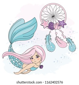 Sea Underwater Vector Illustration Set MERMAID DREAMCATCHER for Digital Print, Holidays, Wall Art, Scrapbooking, Photo Album Design and Digital Paper