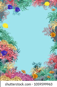 Sea underwater world with coral reef, fish and sponges. Realistic vector frame background with copy space.