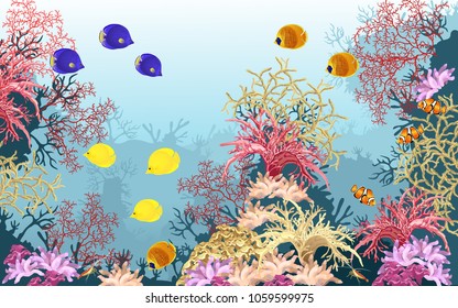 Sea underwater world with coral reef, fish and sponges, realistic vector illustration.