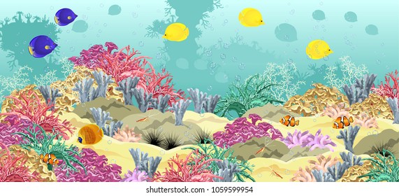 Sea underwater world with corals, fish, sponges sand seabed and bubbles. Realistic vector illustration.