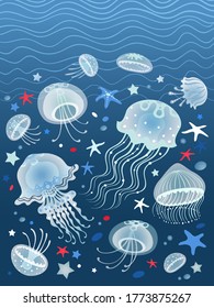 Sea underwater world pattern. Vector illustrations with stylized jellyfishes and starfishes on blue wave background.
