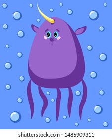 Sea unicorn octopus fictional character. Vector illustration for print, poster, sticker or decor.