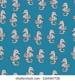 Sea unicorn vector print. Abstract seamless pattern for girls, boys, clothes, wallpaper. Illustration in black, white and blue colors.