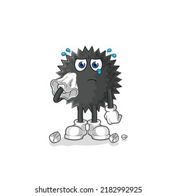 the sea urchin cry with a tissue. cartoon mascot vector