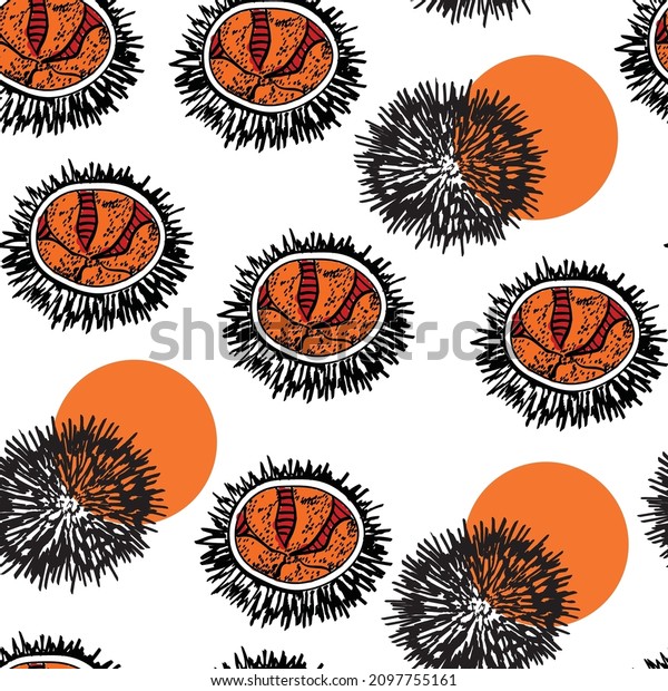 sea\
urchin, sea food, asian vector seamless pattern isolated on bright\
background. Concept for menu, cards, print,\
textile