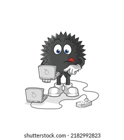 the sea urchin with laptop mascot. cartoon vector