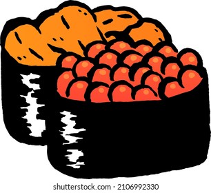 Sea urchin and salmon roe Sushi isolated vector illustration.