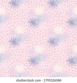 Sea urchin seamless hand drawn pattern. Simple abstract ornament in blue and white tones on soft pink dotted background. For wallpaper, textile, wrapping paper, fabric print. Vector illustration.
