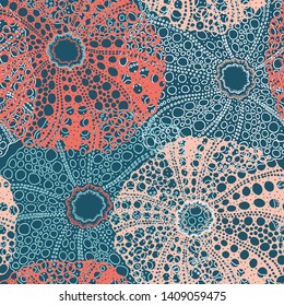 Sea urchin shell seamless pattern. Fresh ocean background. Colorful vector illustration.