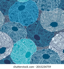 Sea urchin shell seamless pattern. Fresh ocean teal background. Vector illustration.