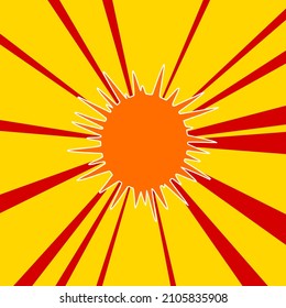 Sea urchin symbol on a background of red flash explosion radial lines. The large orange symbol is located in the center of the sun, symbolizing the sunrise. Vector illustration on yellow background
