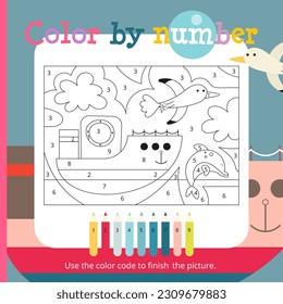 Sea Vacation activities for kids. Color by numbers – Ocean Ship. Logic games for children. Coloring page. Vector illustration. Book square format.