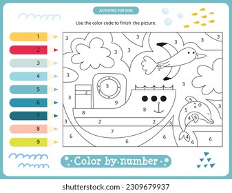 Sea Vacation activities for kids. Color by numbers – Ocean Ship. Logic games for children. Coloring page. Vector illustration.