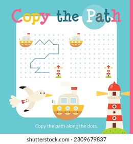 Sea Vacation activities for kids. Copy the path for Ship. Logic games for children. Vector illustration. Book square format.