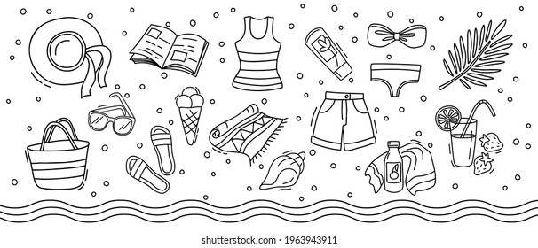 Sea. Vacation. Beach accessories. Vector set on an isolated white background. Contour illustrations. Doodle drawings clothing, bag, sunglasses, swimsuit, cocktail party for sea holidays.