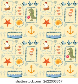Sea vacation. Beautiful seamless fabric print with starfish, cute cartoon crocodile, sea shells, small fish, anchor, ship and waves in seaweed frames on ivory background.