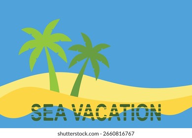SEA VACATION - Bright and simple vector illustration featuring a tropical beach scene with palm trees, vibrant ocean waves, and a calm blue sky.