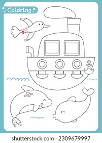 Sea Vacation coloring page printable for children. Preschool games. Ship, Dolphin, Seagull. Vector illustration.