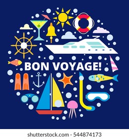 Sea vacation concept illustration. Marine theme design elements in trendy style. Vector icons and symbols about sea travel, yacht, boat, anchor, helm, compass, starfish. Emblem for cover, card.